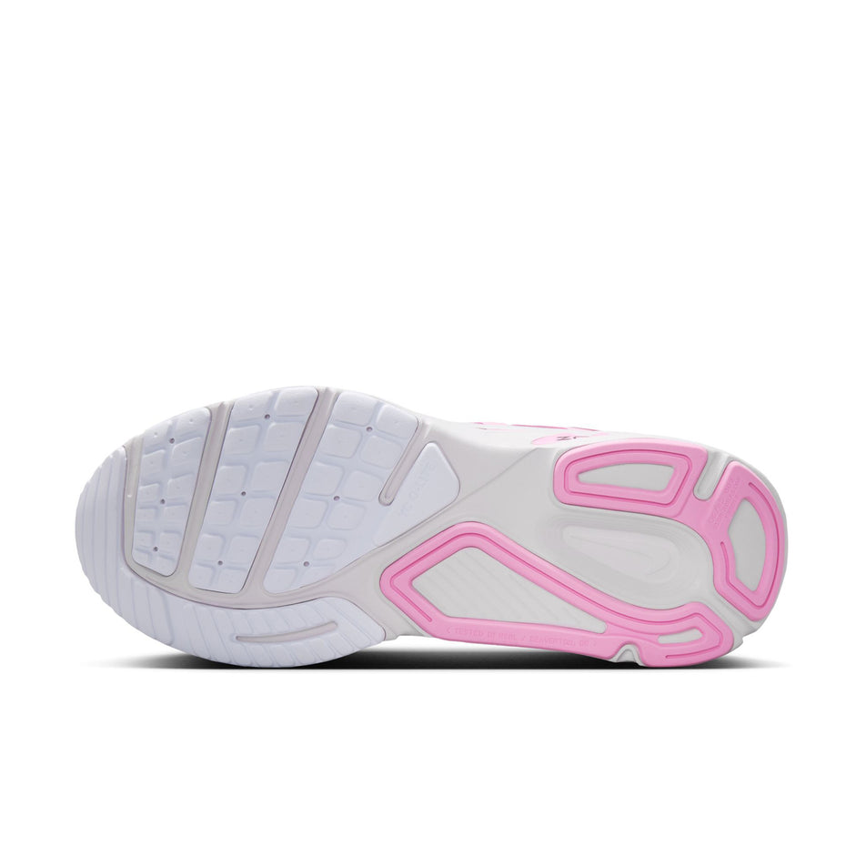 The outsole of the left shoe from a pair of Nike Women's Structure Plus Road Running Shoes in the Pink Smoke/White-Pink Rise-Light Magenta colourway.