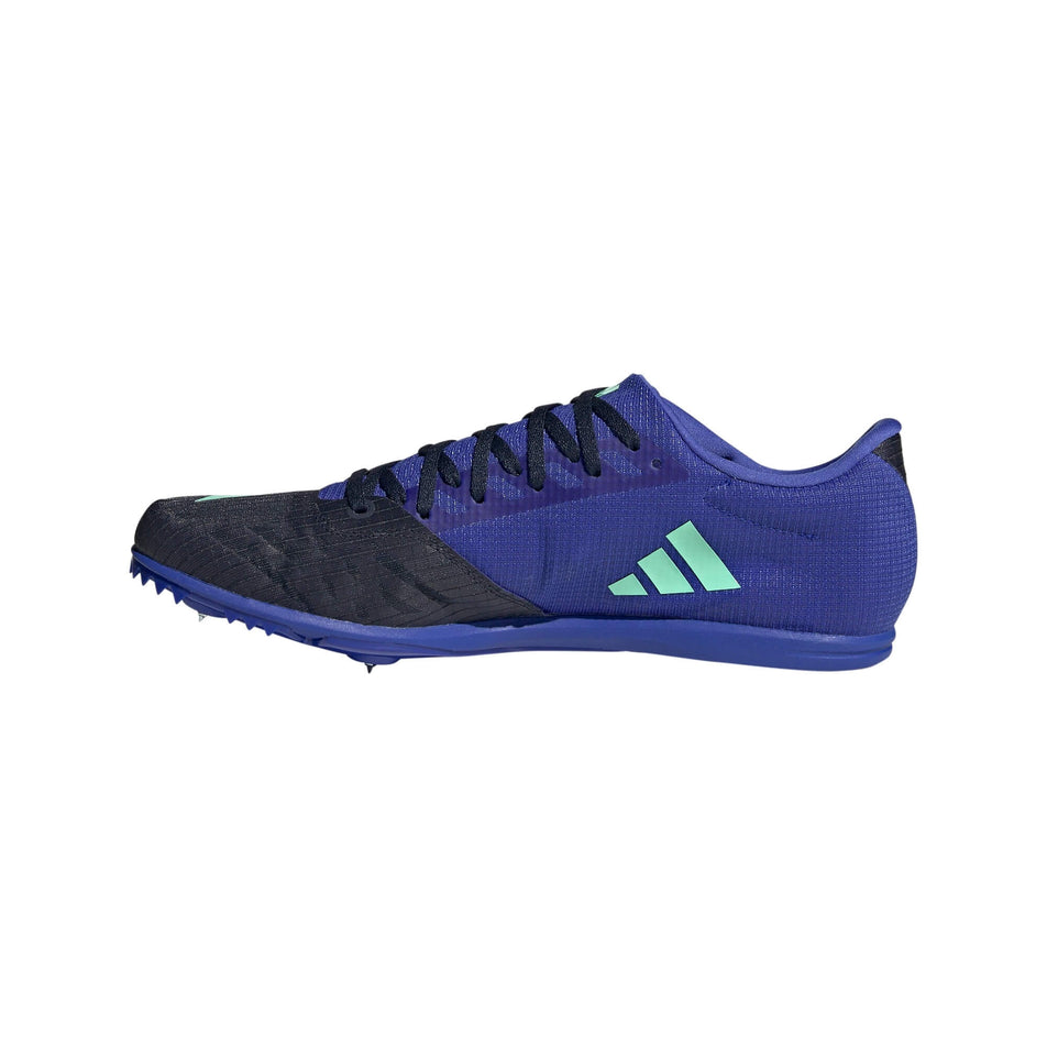 Medial side of the right shoe from a pair of adidas Unisex Distancestar Running Spikes in the Legend Ink/Pulse Mint colourway (7916227494050)