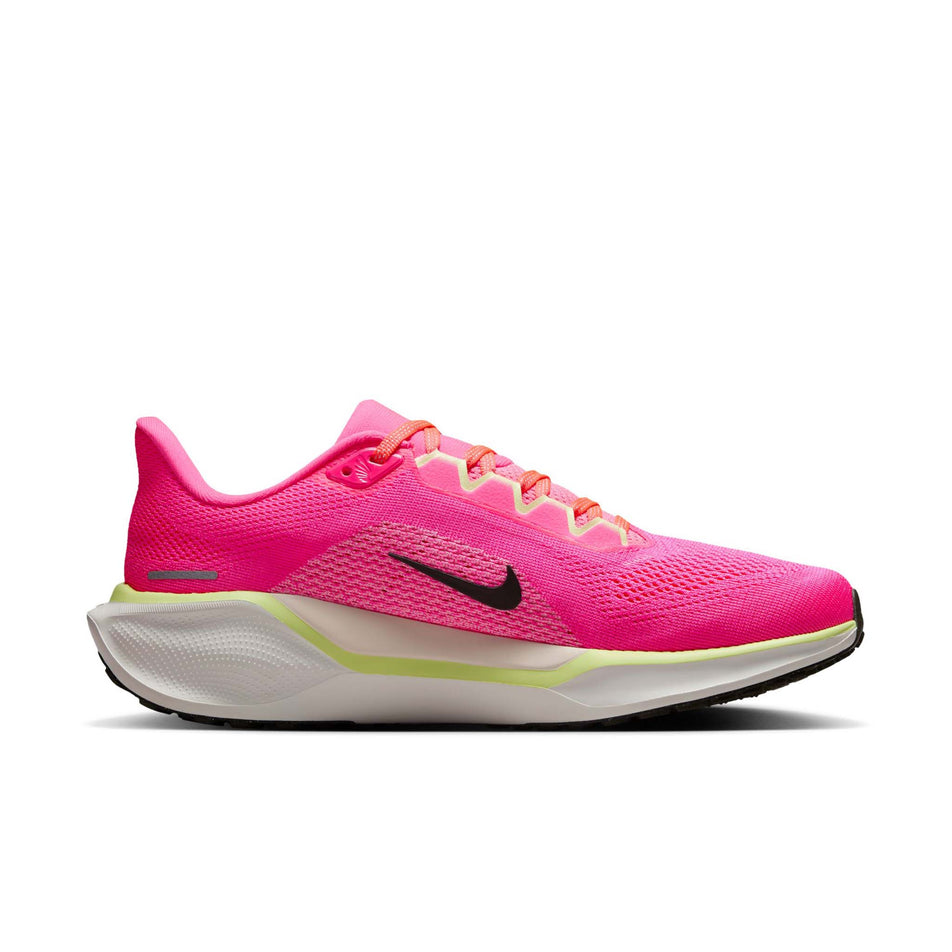 Medial view of the right shoe from a pair of Nike Women's Pegasus 41 Road Running Shoes in the Hyper Pink/Sequoia-Guava Ice colourway. (8620734120098)