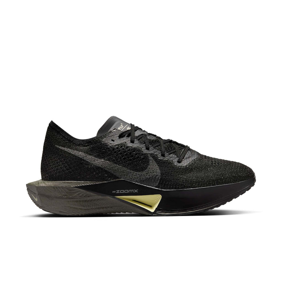 Lateral side of the right shoe from a pair of Nike Men's Vaporfly 3 Road Racing Shoes in the Black/Metallic Medium Ash-Olive Aura colourway.(8560075047074)