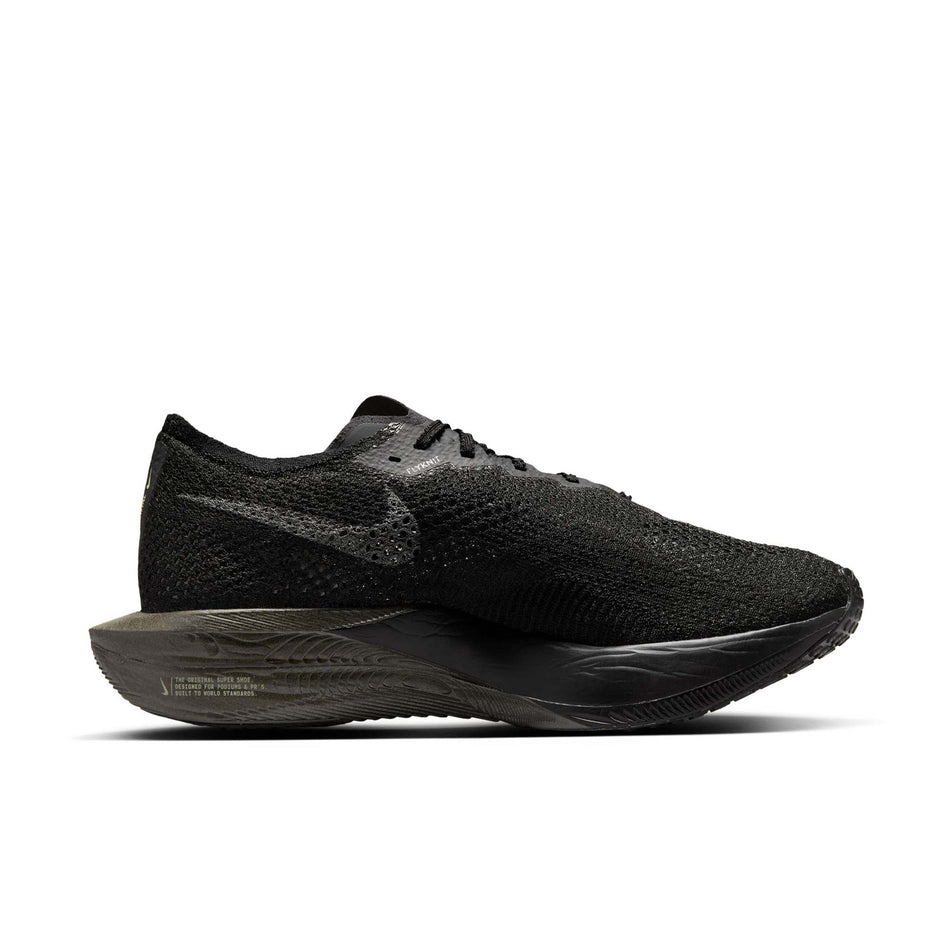 Medial side of the left shoe from a pair of Nike Men's Vaporfly 3 Road Racing Shoes in the Black/Metallic Medium Ash-Olive Aura colourway. (8560075047074)