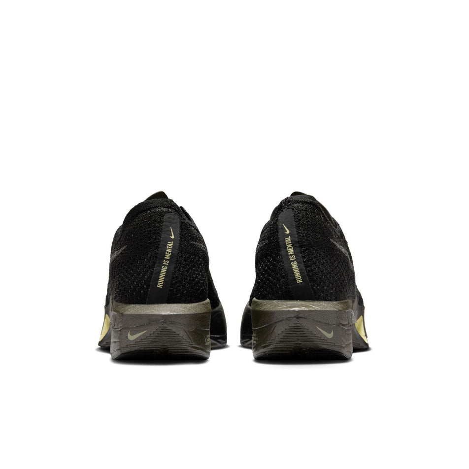 The back of a pair of Nike Men's Vaporfly 3 Road Racing Shoes in the Black/Metallic Medium Ash-Olive Aura colourway. (8560075047074)