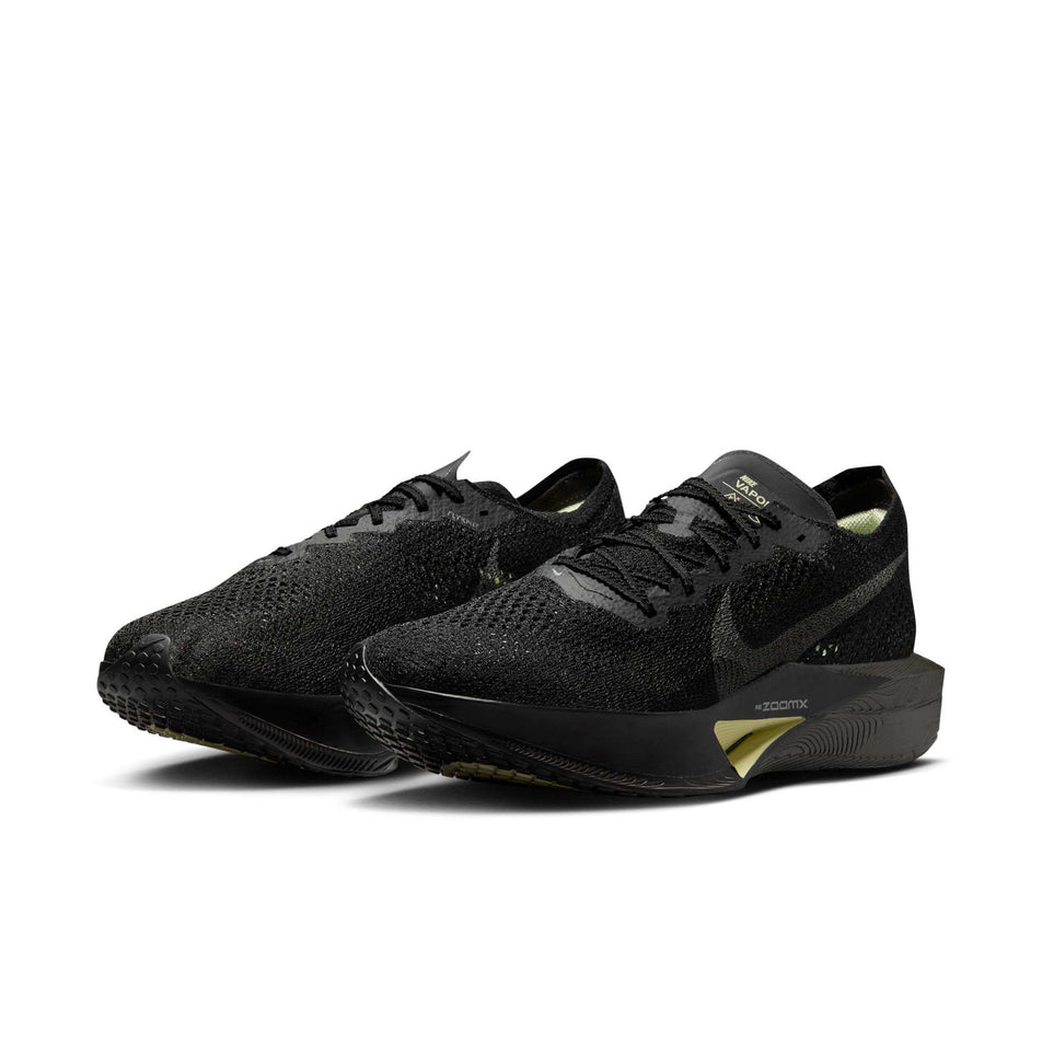 A pair of Nike Men's Vaporfly 3 Road Racing Shoes in the Black/Metallic Medium Ash-Olive Aura colourway. (8560075047074)