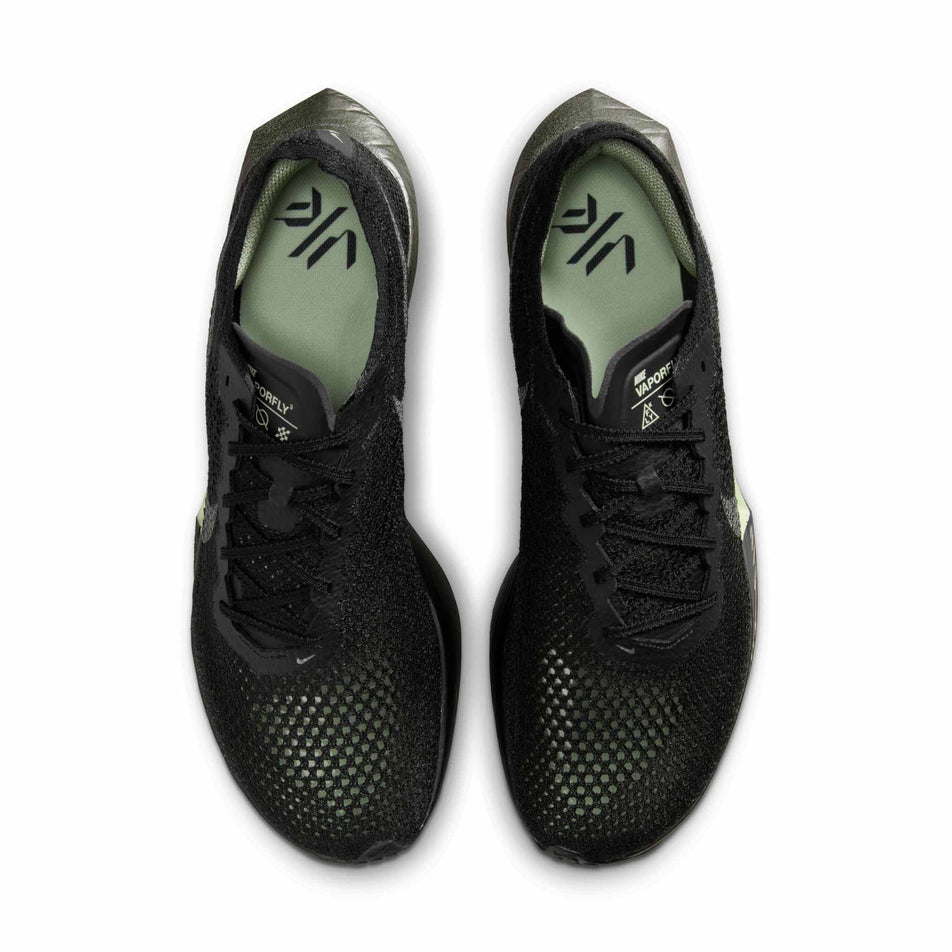 The uppers on a pair of Nike Men's Vaporfly 3 Road Racing Shoes in the Black/Metallic Medium Ash-Olive Aura colourway. (8560075047074)