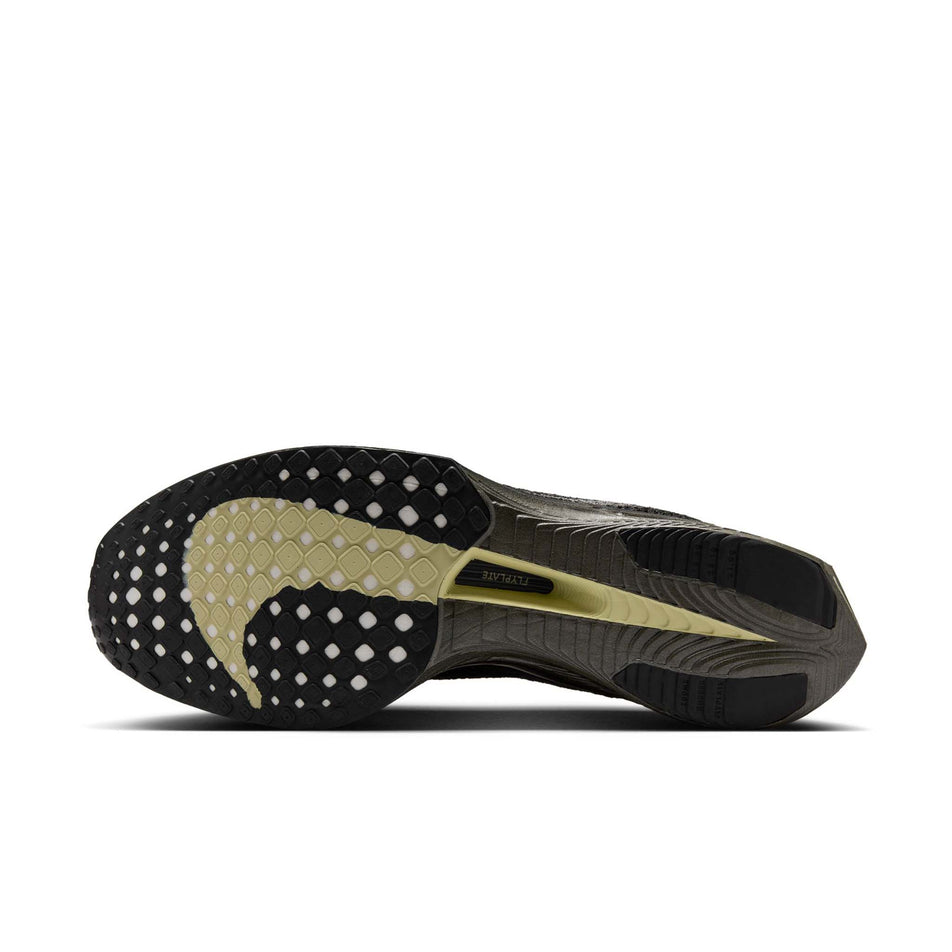 The outsole of the left shoe from a pair of Nike Men's Vaporfly 3 Road Racing Shoes in the Black/Metallic Medium Ash-Olive Aura colourway. (8560075047074)