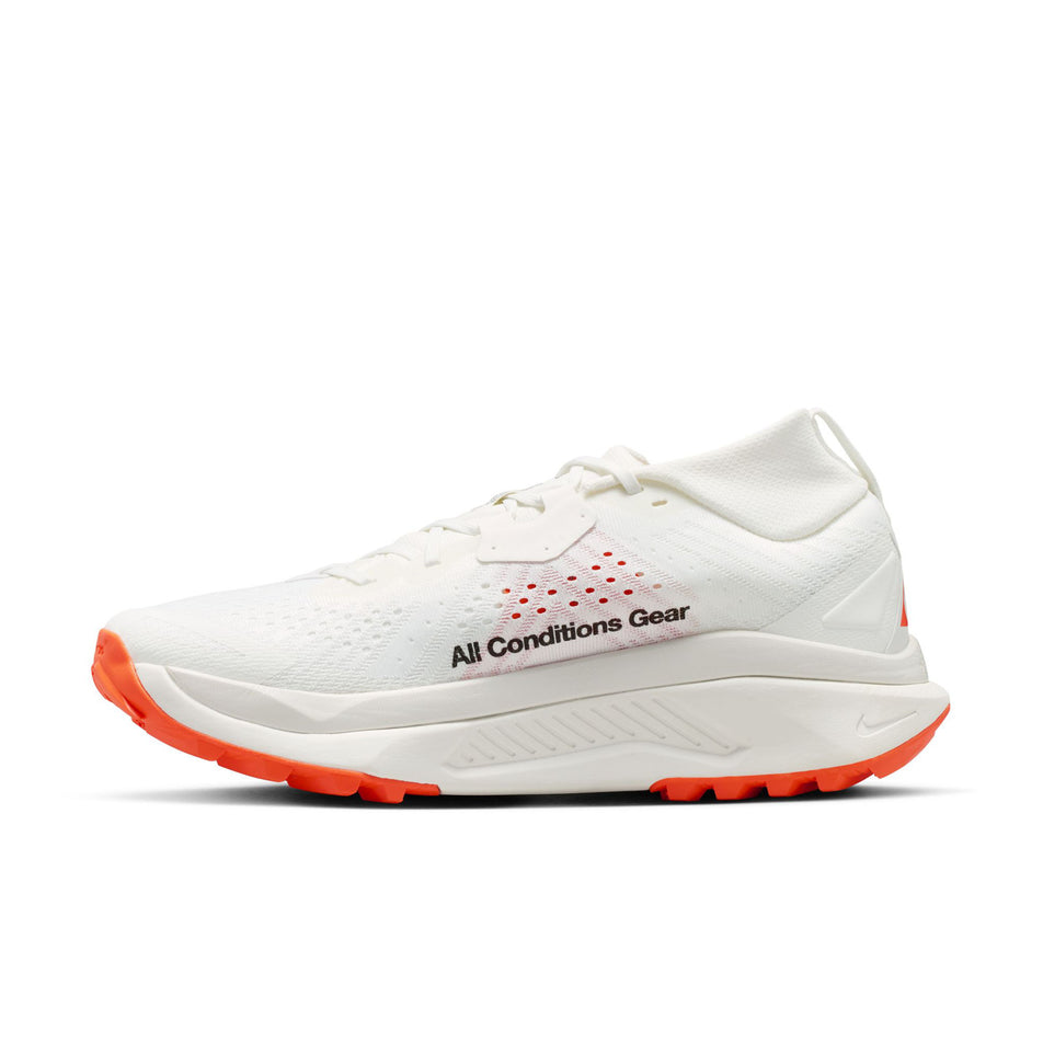 Medial view of the right shoe from a pair of Nike Men's ACG Zegama Trail Running Shoes in the Summit White/Black-Phantom-Safety Orange colourway.