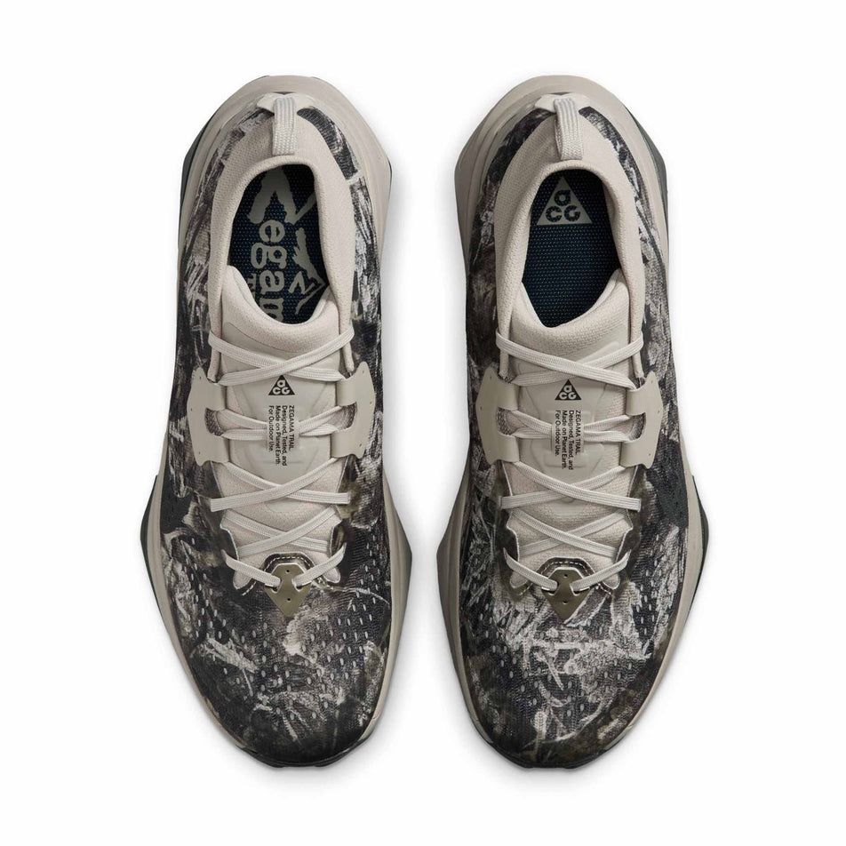 The uppers of a pair of Nike Men's ACG Zegama Trail Running Shoes in the Spruce Fog/Black Spruce-Sea Glass-Black colourway.