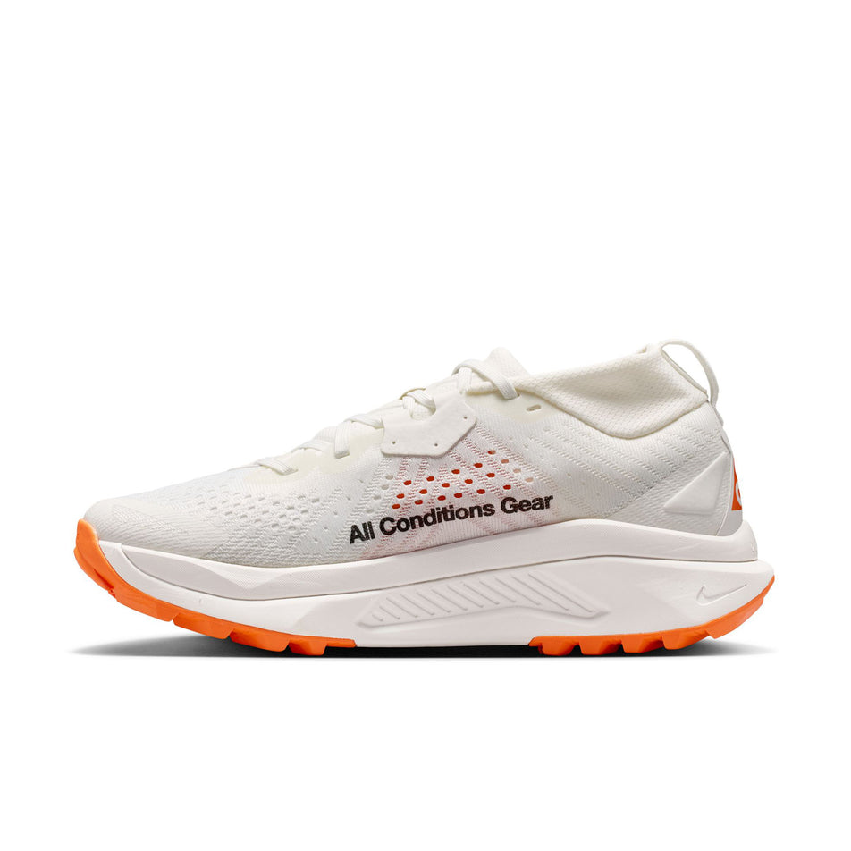 Medial view of the right shoe from a pair of Nike Women's ACG Zegama Trail Running Shoes -in the Summit White/Black-Phantom-Safety Orange colourway.