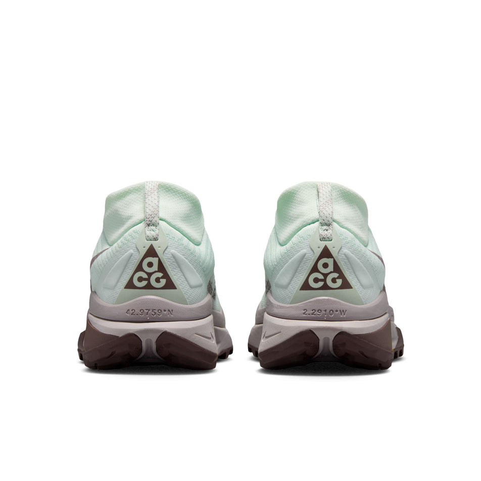 The back of a pair of Nike Women's ACG Zegama Trail Running Shoes in the Barely Green/Silver Lilac-Tattoo colourway.