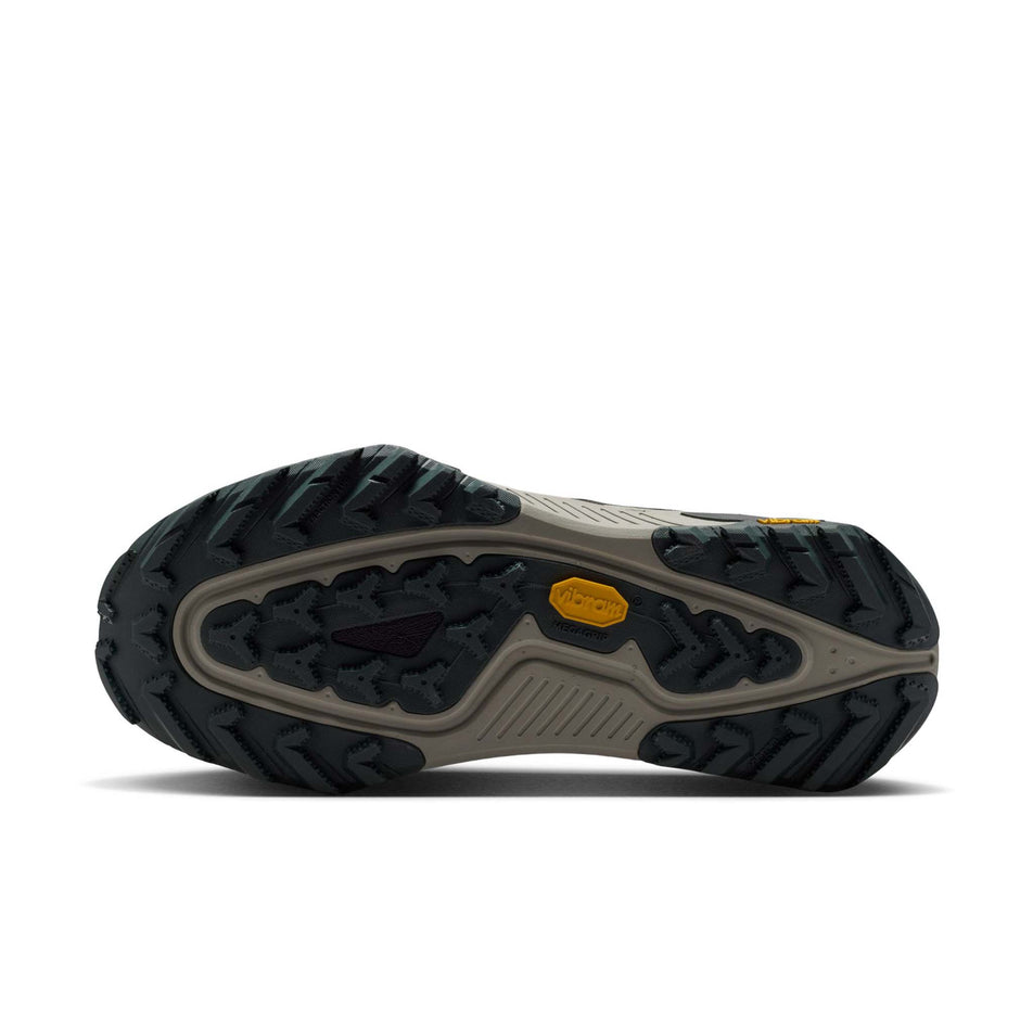 The outsole of the left shoe from a pair of Nike Women's ACG Zegama Trail Running Shoes in the Spruce Fog/Black Spruce-Sea Glass-Black colourway.