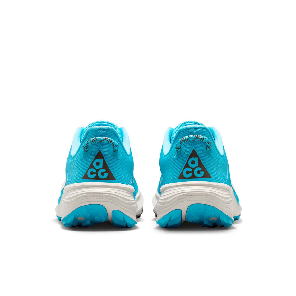 The back of a pair of Nike Men's ACG Pegasus Trail Running Shoes in the Baltic Blue/Summit White-Light Orewood Brown colourway.