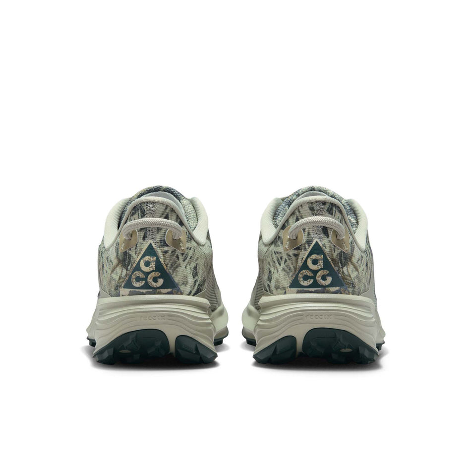 The back of a pair of Nike Women's ACG Pegasus Trail Running Shoes in the Spruce Fog/Black Spruce-Sea Glass colourway.