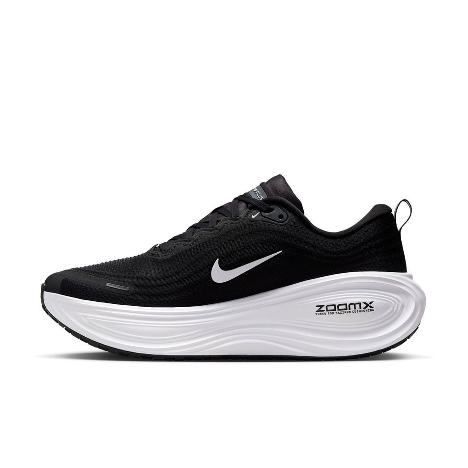 Medial view of the right shoe from a pair of Nike Men's Vomero Plus Road Running Shoes in the Black/White-Cool Grey-Metallic Dark Grey colourway. (8723654246562)
