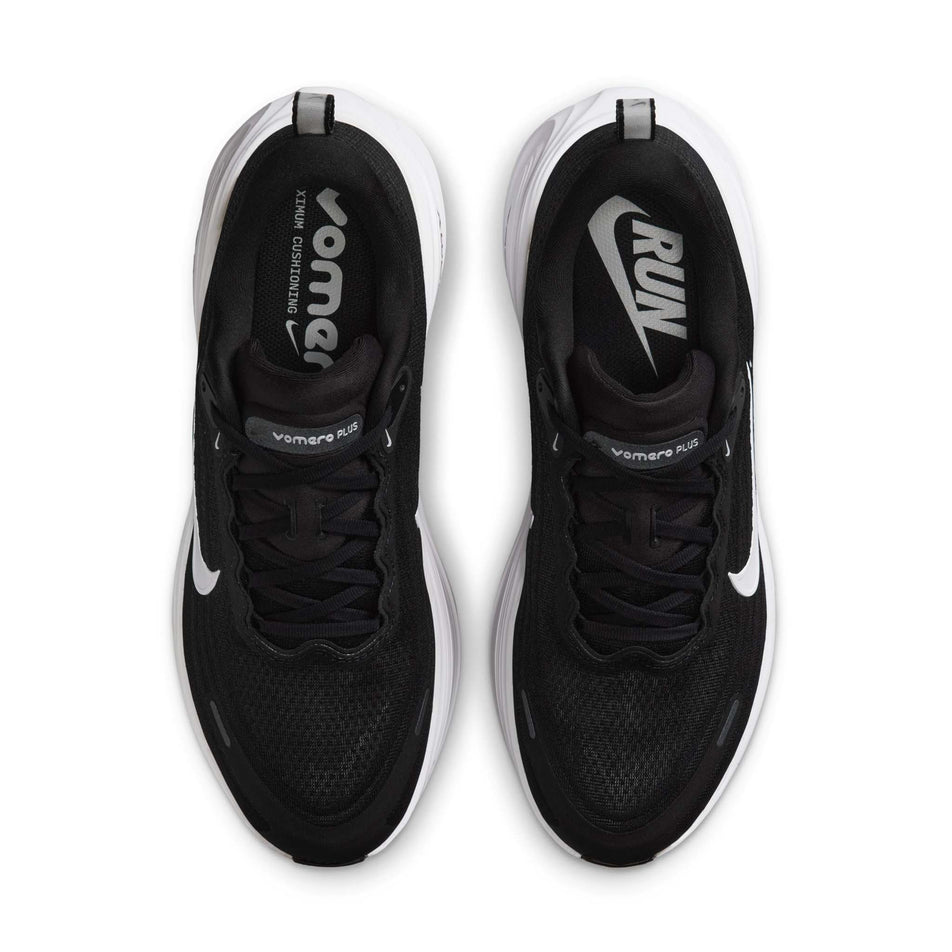 The uppers of a pair of Nike Men's Vomero Plus Road Running Shoes in the Black/White-Cool Grey-Metallic Dark Grey colourway. (8723654246562)