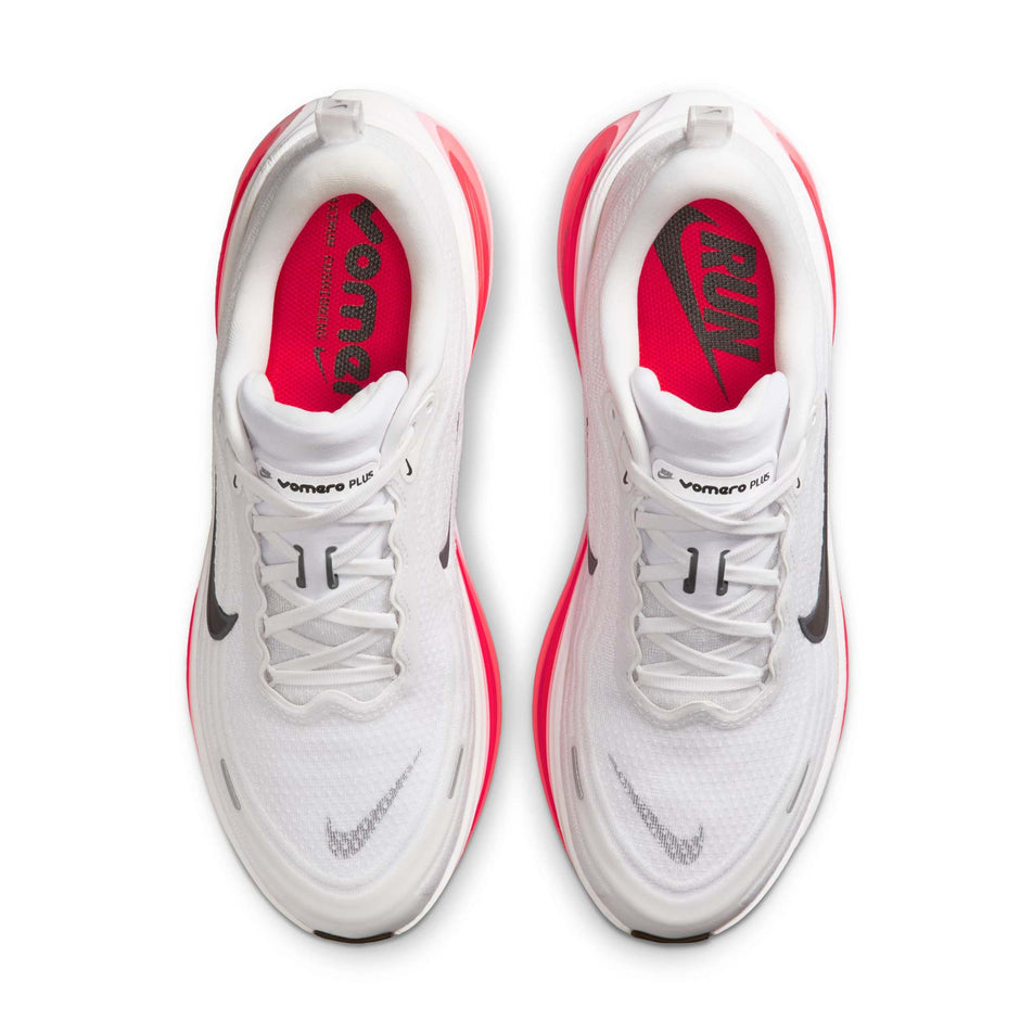 The uppers of a pair of Nike Men's Vomero Plus Road Running Shoes in the White/Black-Bright Crimson colourway. (8723673153698)