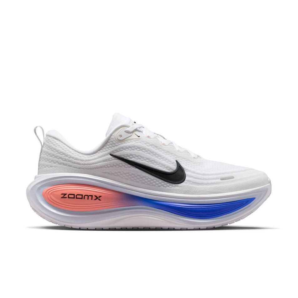 Lateral view of the right shoe from a pair of Nike Men's Vomero Plus Road Running Shoes in the White/Black-Atomic Pink-Racer Blue colourway.