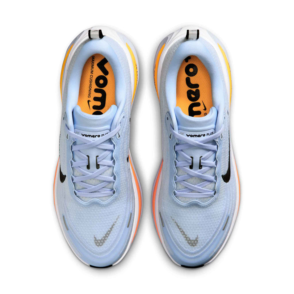 The uppers of a pair of Nike Men's Vomero Plus Road Running Shoes in the Hydrogen Blue/Black-White-Total Orange colourway.