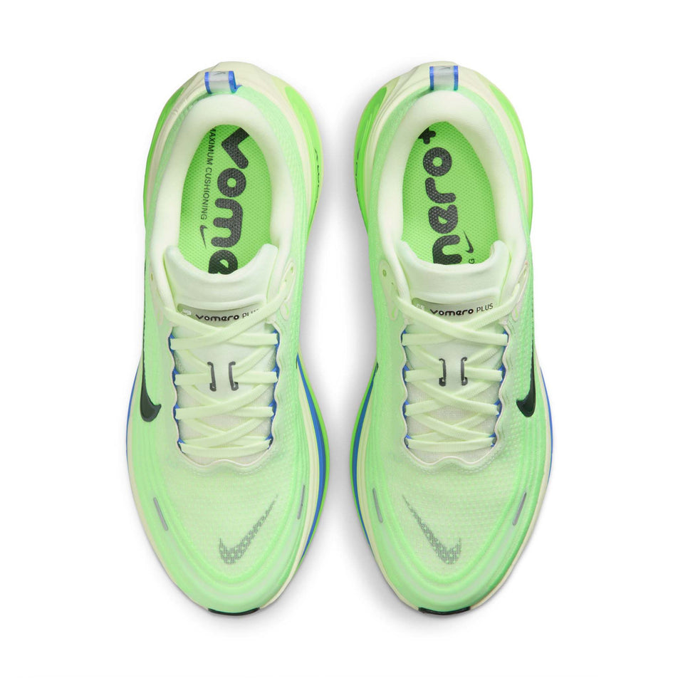The uppers of a pair of Nike Men's Vomero Plus Road Running Shoes in the Volt Tint/Black Spruce-Lime Blast colourway.