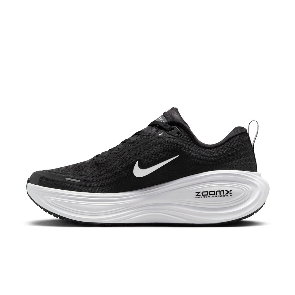 Medial view of the right shoe from a pair of Nike Women's Vomero Plus Road Running Shoes in the Black/White-Cool Grey Metallic Dark Grey colourway. (8725322170530)
