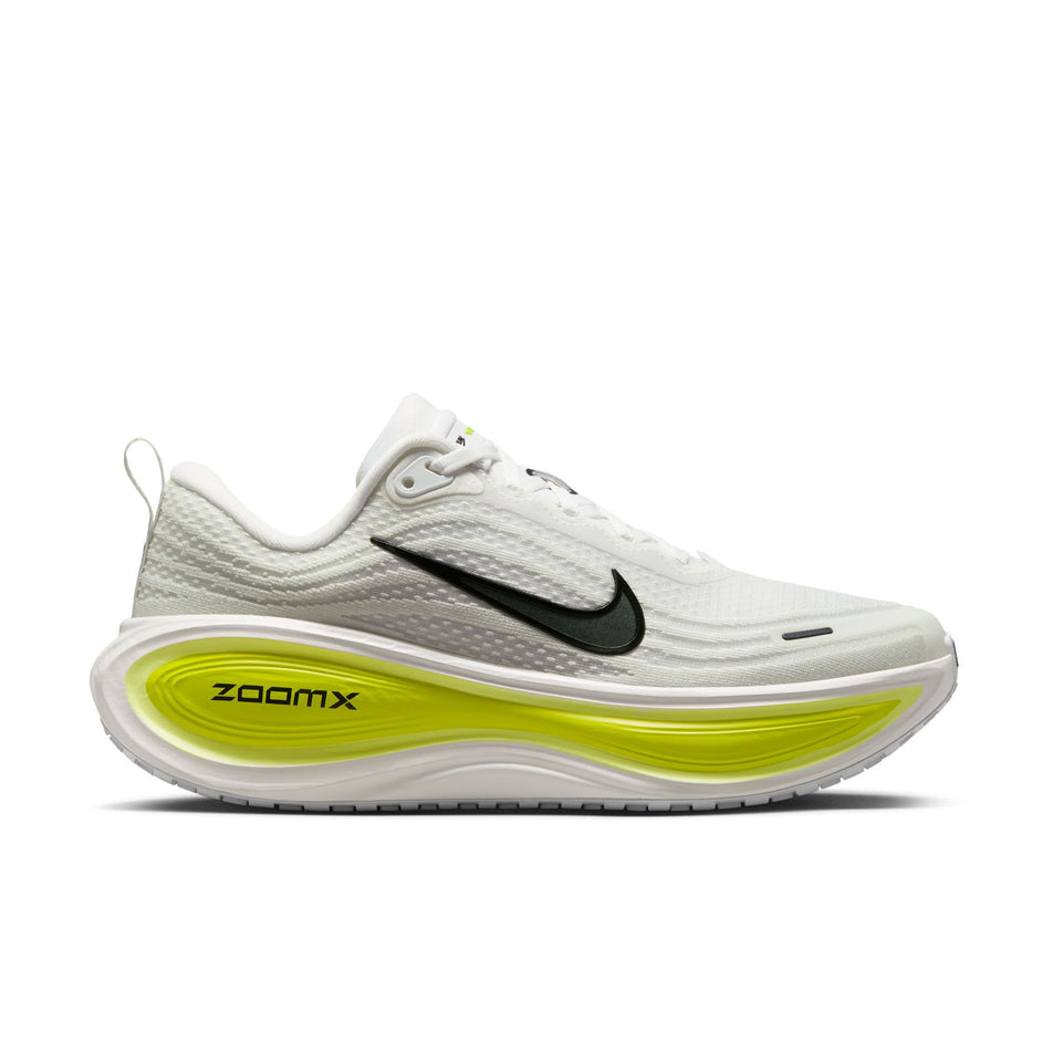 Lateral view of the right shoe from a pair of Nike Women's Vomero Plus Road Running Shoes in the White/Black-Cyber-Light Lemon Twist colourway.