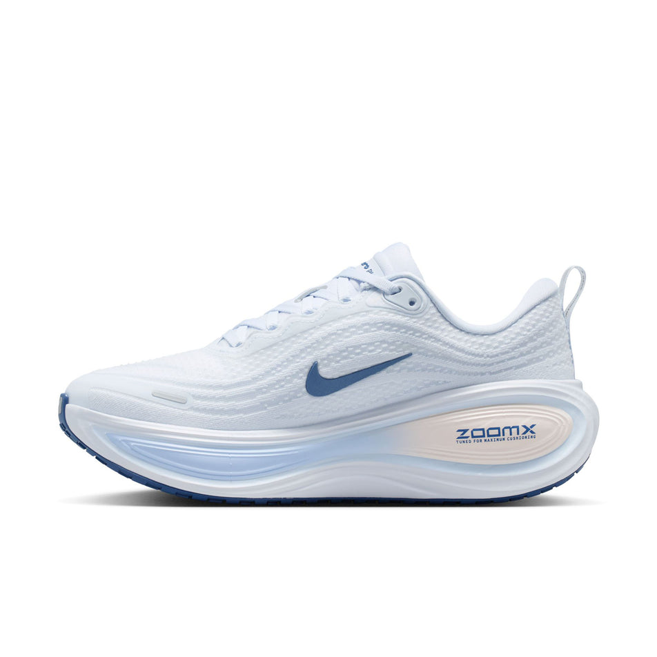 Medial view of the right shoe from a pair of Nike Women's Vomero Plus Road Running Shoes in the White/Mystic Navy-Aluminum-Football Grey colourway.