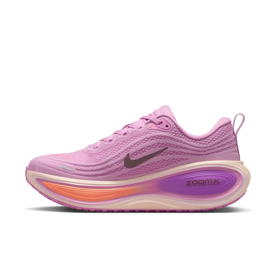 Medial view of the right shoe from a pair of Nike Women's Vomero Plus Road Running Shoes in the Light Magenta/Black-Pink Foam-Bright Violet colourway.