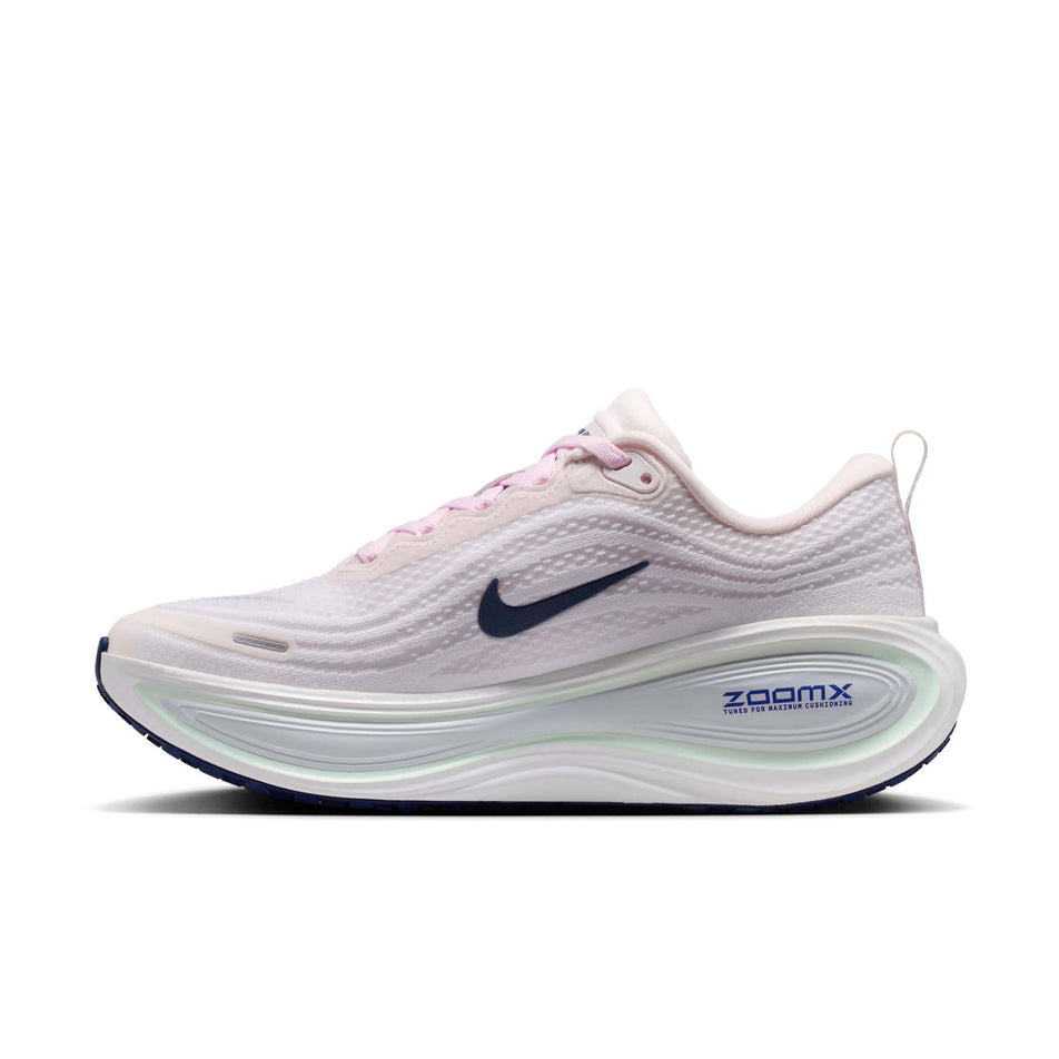 Medial view of the right shoe from a pair of Nike Women's Vomero Plus Road Running Shoes in the Pearl Pink/Midnight Navy-White colourway.