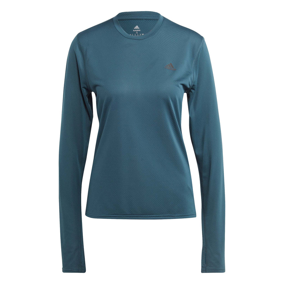 Front of an adidas Women's Run Icons Running Long-Sleeve Top in the Arctic Night colourway (8005336432802)