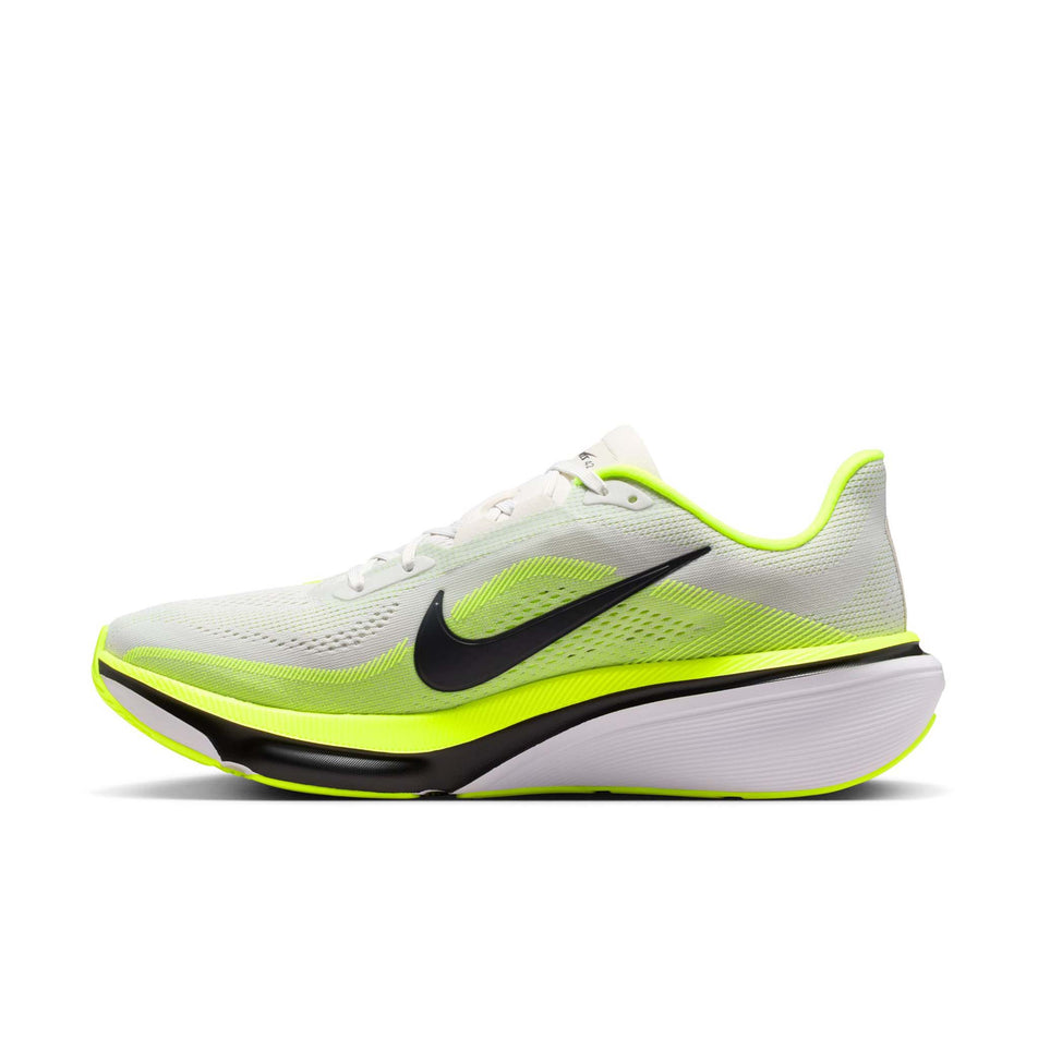 Medial view of the right shoe from a pair of Nike Men's Pegasus 42 Road Running Shoes in the Photon Dust/Black-Volt-White colourway.