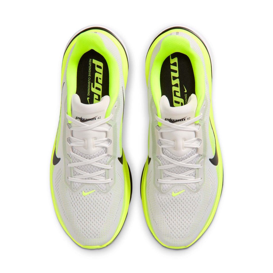 The uppers of a pair of Nike Men's Pegasus 42 Road Running Shoes in the Photon Dust/Black-Volt-White colourway.