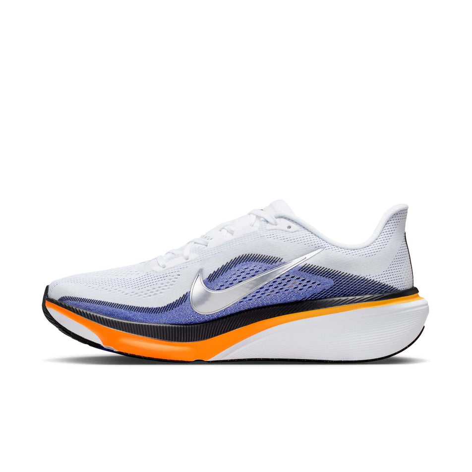 Medial view of the right shoe from a pair of Nike Men's Pegasus 42 Road Running Shoes in the White/Metallic Silver-Lapis-Total Orange colourway.