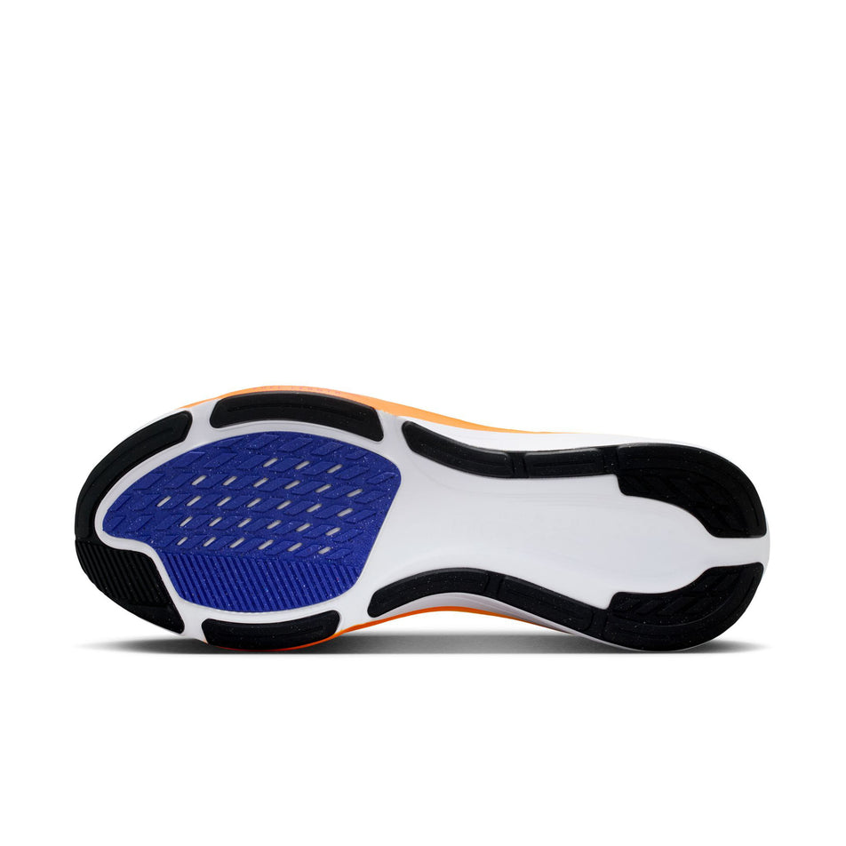 The outsole of the left shoe from a pair of Nike Men's Pegasus 42 Road Running Shoes in the White/Metallic Silver-Lapis-Total Orange colourway.