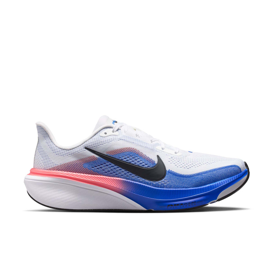 Lateral view of the right shoe from a pair of Nike Men's Pegasus 42 Road Running Shoes in the White/Black-Racer Blue-Atomic Pink colourway.