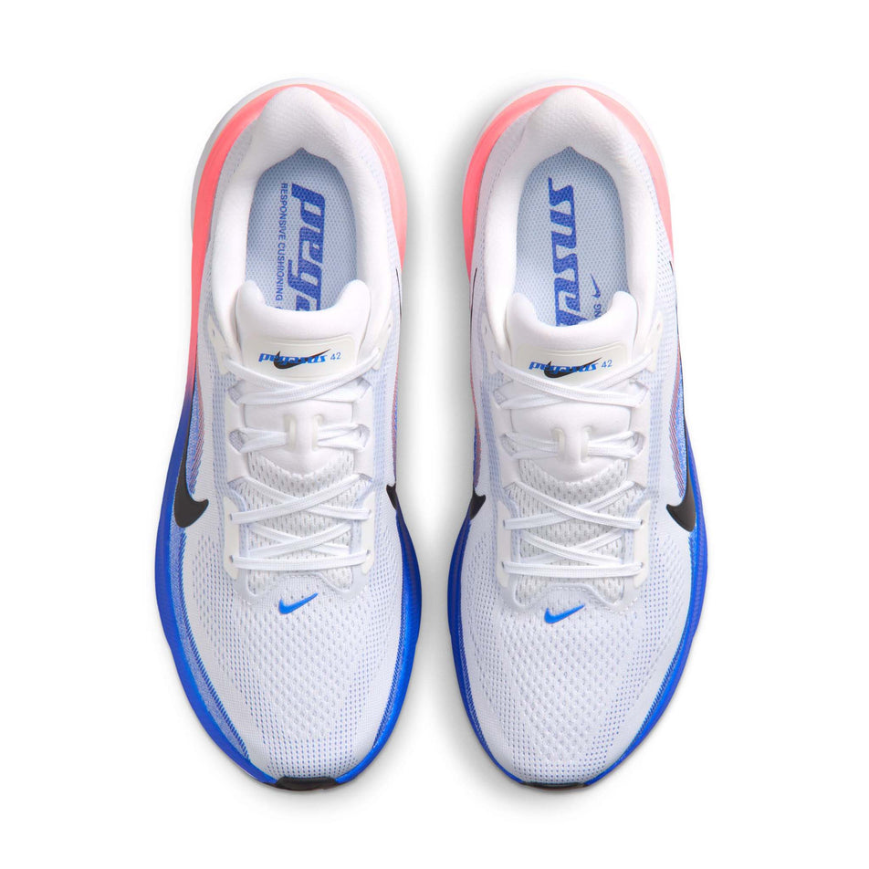 The uppers of a pair of Nike Men's Pegasus 42 Road Running Shoes in the White/Black-Racer Blue-Atomic Pink colourway.