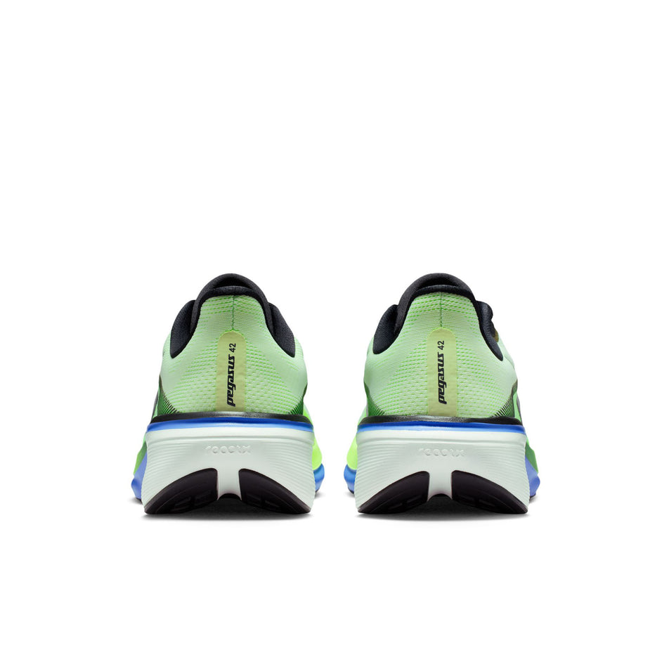 The back of a pair of Nike Men's Pegasus 42 Road Running Shoes in the Volt Tint/Black Spruce-Sapphire colourway.