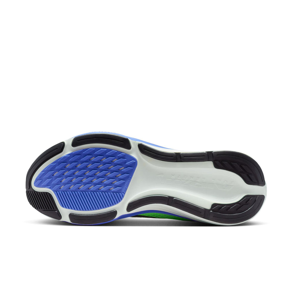 The outsole of the left shoe from a pair of Nike Men's Pegasus 42 Road Running Shoes in the Volt Tint/Black Spruce-Sapphire colourway.
