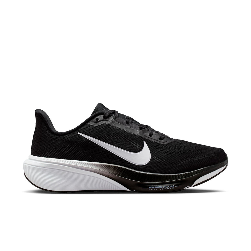 Lateral view of the right shoe from a pair of Nike Women's Pegasus 42 Road Running Shoes in the Black/White-Iron Grey colourway.