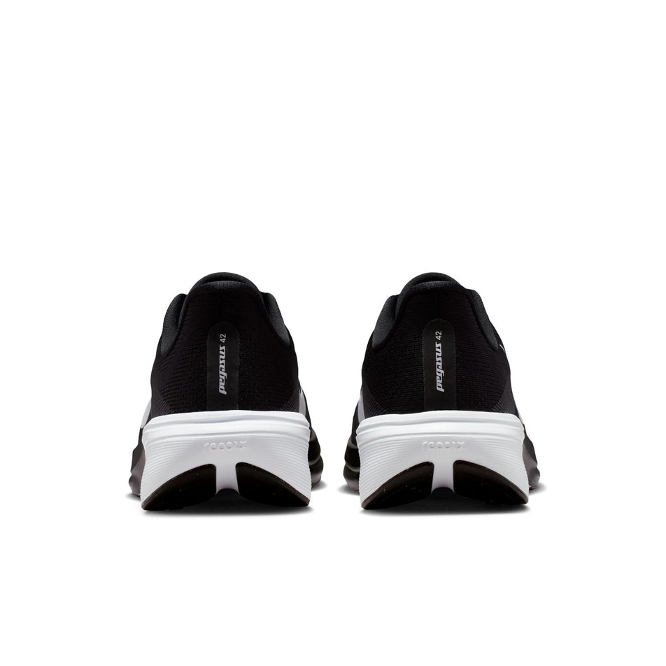 The back of a pair of Nike Women's Pegasus 42 Road Running Shoes in the Black/White-Iron Grey colourway.