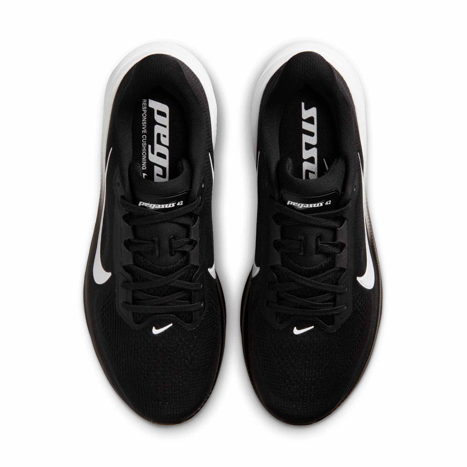 The uppers of a pair of Nike Women's Pegasus 42 Road Running Shoes in the Black/White-Iron Grey colourway.