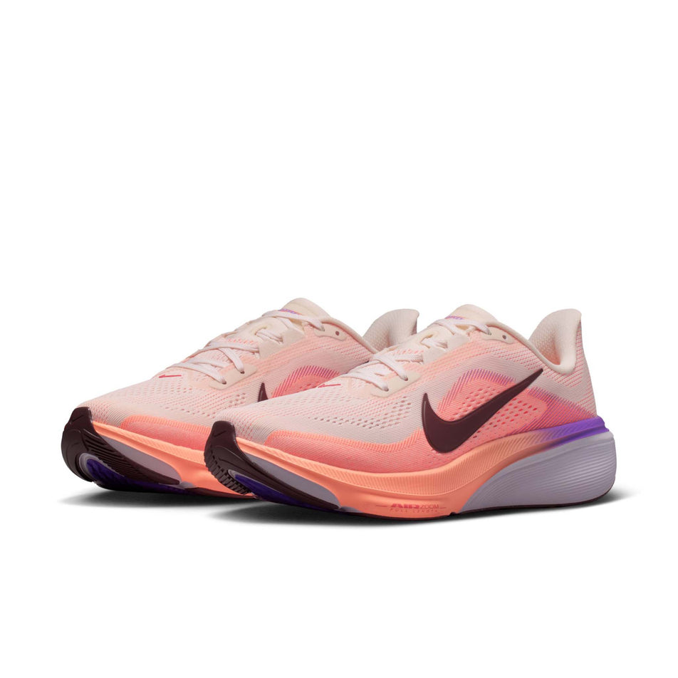 A pair of Nike Women's Pegasus 42 Road Running Shoes in the Chalk/Tattoo-Orange Pulse-Bright Violet colourway.