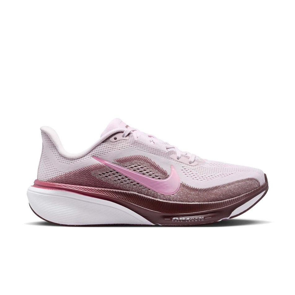 Lateral view of the right shoe from a pair of Nike Women's Pegasus 42 Road Running Shoes in the Bleached Lilac/Pink Rise-Mystic Dates colourway.