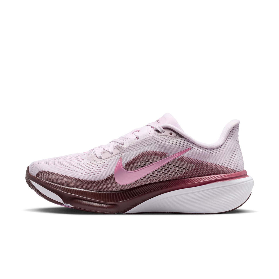 Medial view of the right shoe from a pair of Nike Women's Pegasus 42 Road Running Shoes in the Bleached Lilac/Pink Rise-Mystic Dates colourway.