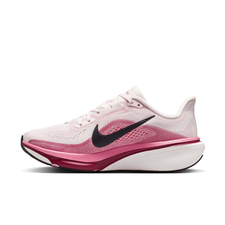 Medial view of the right shoe from a pair of Nike Women's Pegasus 42 Road Running Shoes in the Pearl Pink/Black-Peony-Team Crimson colourway.