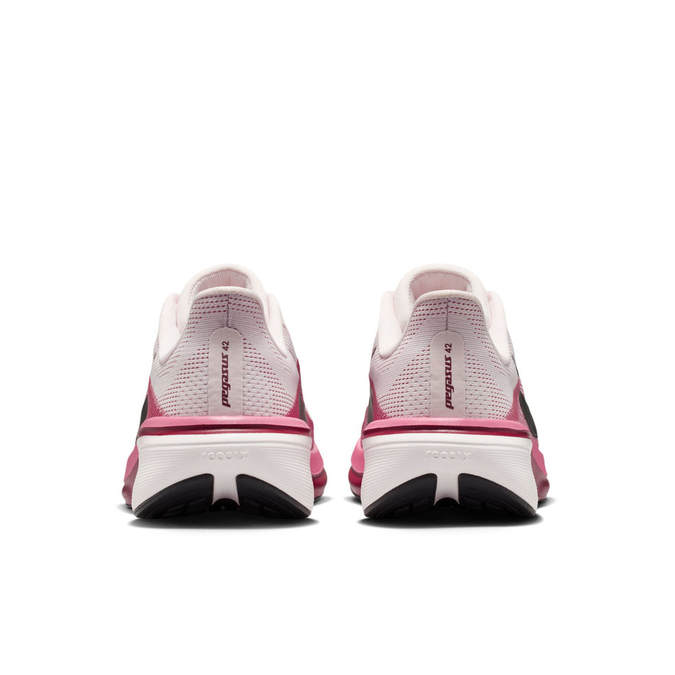 The back of a pair of Nike Women's Pegasus 42 Road Running Shoes in the Pearl Pink/Black-Peony-Team Crimson colourway.