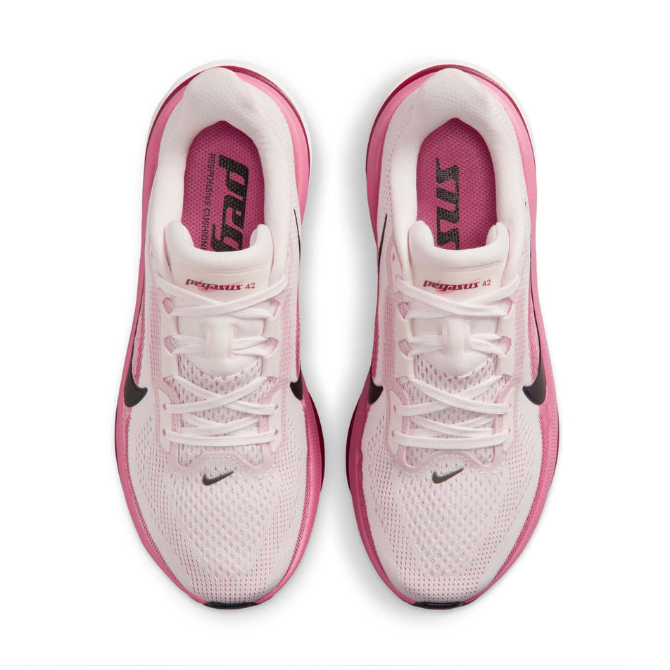 The uppers of a pair of Nike Women's Pegasus 42 Road Running Shoes in the Pearl Pink/Black-Peony-Team Crimson colourway.