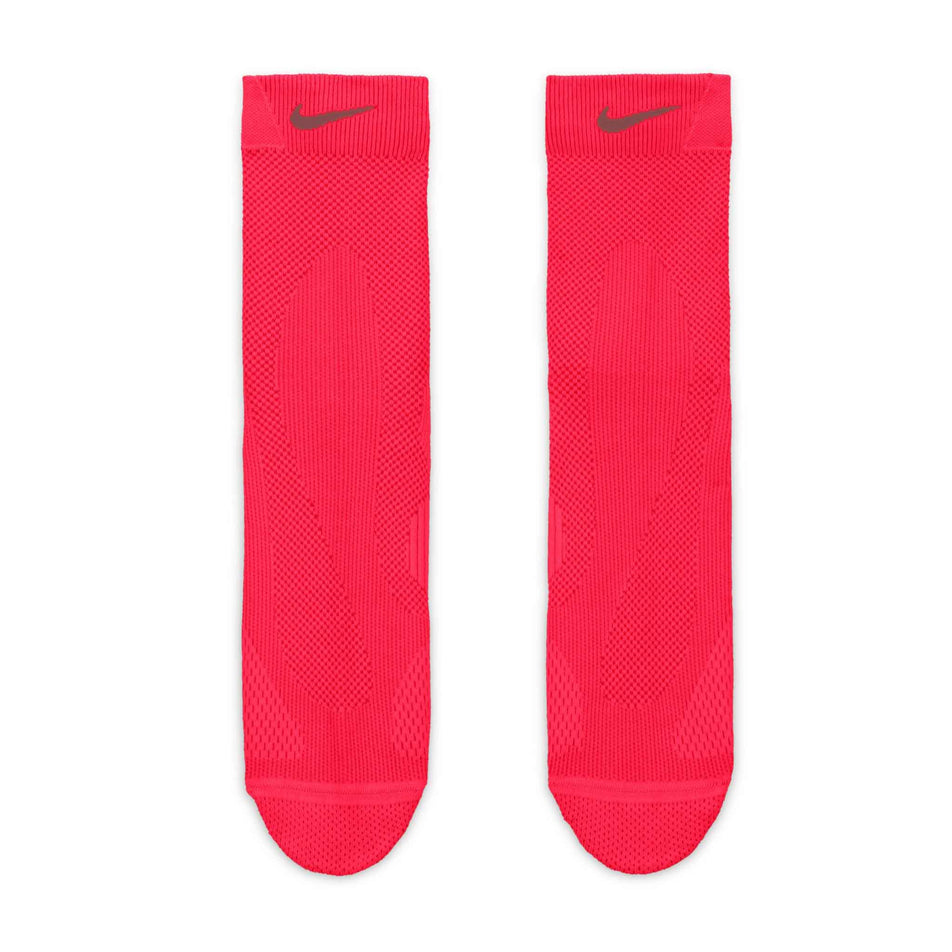 Front and top view of a pair of Nike Lightweight Running Micro Crew Socks in the Laser Crimson/Light Crimson/Pink Smoke colourway.