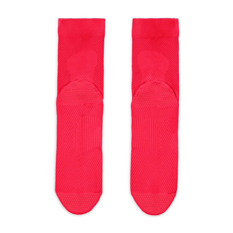 Back and underside view of a pair of Nike Lightweight Running Micro Crew Socks in the Laser Crimson/Light Crimson/Pink Smoke colourway.