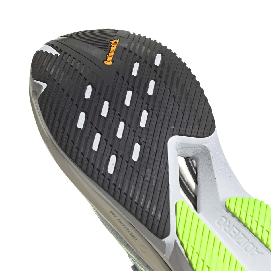 The outsole on the forefoot of the right shoe from a pair of adidas Men's Adizero Boston 12 Running Shoes in the Wonder Blue/Lucid Lemon/Carbon colourway (7969404715170)