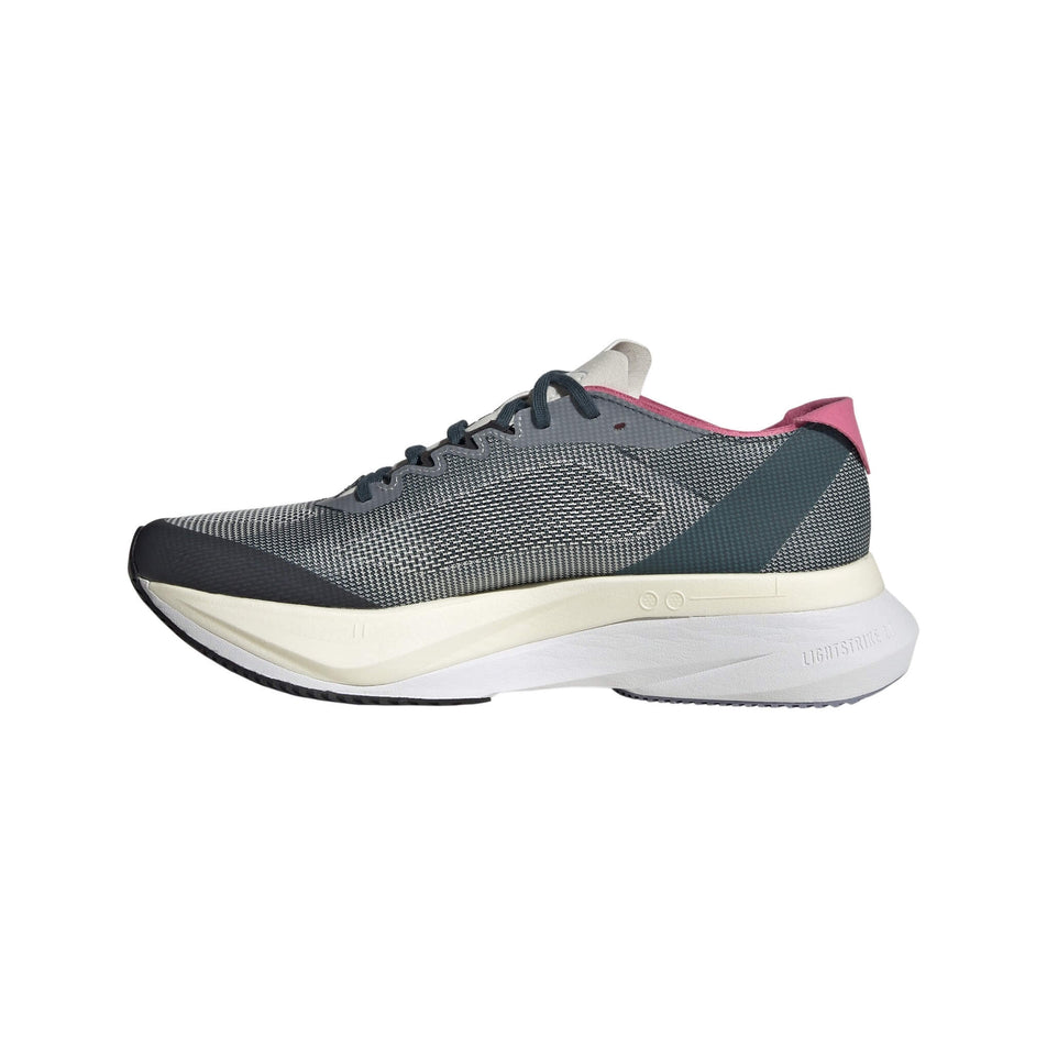 Medial of the right shoe from a pair of adidas Women's Adizero Boston 12 Running Shoes in the Arctic Night/Lucid Lemon/Carbon colourway (7969563574434)