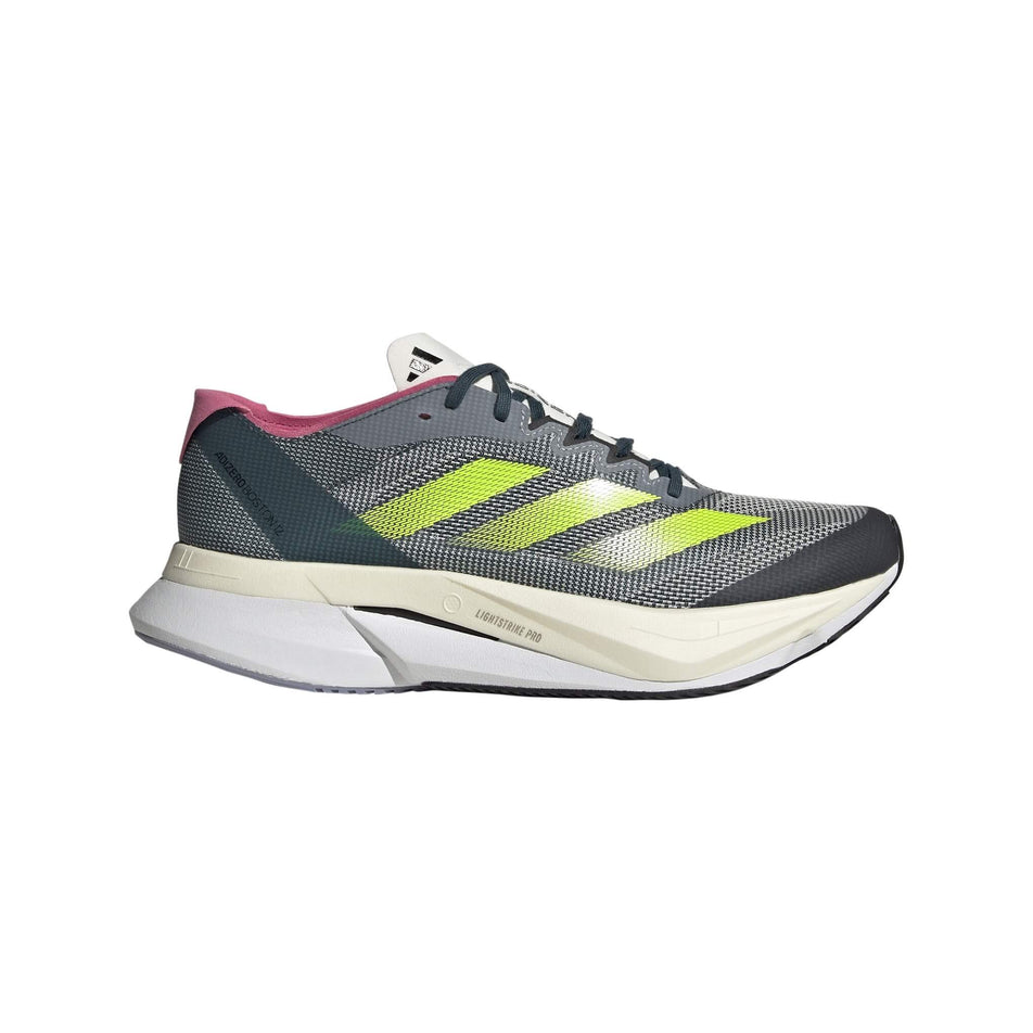 Lateral side of the right shoe from a pair of adidas Women's Adizero Boston 12 Running Shoes in the Arctic Night/Lucid Lemon/Carbon colourway (7969563574434)